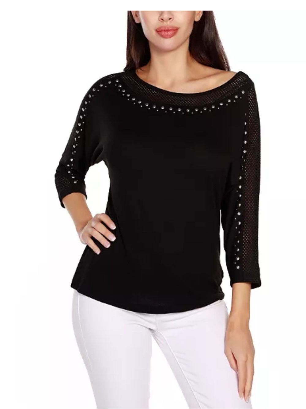 Women's Black Studded Mesh Sleeve Top